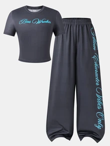 SHEIN Sparklyn 青少年深灰色與藍色字母印花套裝，極簡百搭時尚舒適，適合外出、街拍、旅行、運動、休閒、返校 - 深灰色 - 查看 4