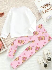 (1 Set) Sudadera de cuello redondo básica con leggings para niñas, con estampado de capibara de dibujos animados, fresa, estrella, corazón, flor, lunares y letras, para otoño e invierno - Multicolor - Ver 2