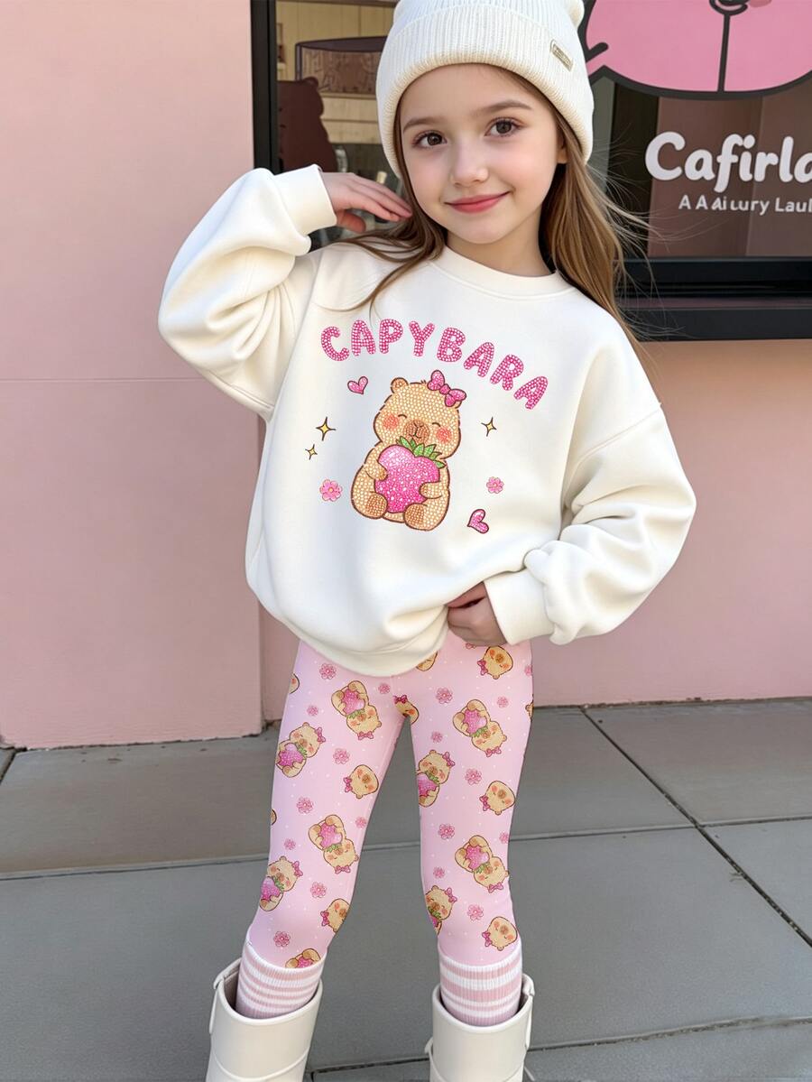 (1 Set) Sudadera de cuello redondo básica con leggings para niñas, con estampado de capibara de dibujos animados, fresa, estrella, corazón, flor, lunares y letras, para otoño e invierno - Multicolor - Ver 1