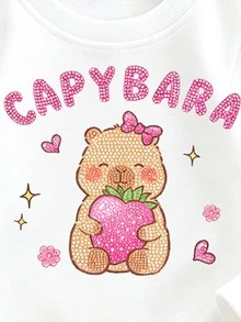 (1 Set) Sudadera de cuello redondo básica con leggings para niñas, con estampado de capibara de dibujos animados, fresa, estrella, corazón, flor, lunares y letras, para otoño e invierno - Multicolor - Ver 6