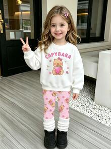 (1 Set) Sudadera de cuello redondo básica con leggings para niñas, con estampado de capibara de dibujos animados, fresa, estrella, corazón, flor, lunares y letras, para otoño e invierno - Multicolor - Ver 4