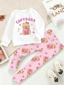 (1 Set) Sudadera de cuello redondo básica con leggings para niñas, con estampado de capibara de dibujos animados, fresa, estrella, corazón, flor, lunares y letras, para otoño e invierno - Multicolor - Ver 5