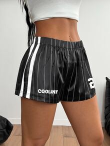 Coolane 女士夏季节日街头服饰运动休闲 Y2K 比赛日条纹缎面面料宽松松紧腰带毛衣短裤 - 黑色 - 查看 2