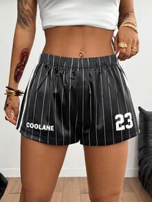 Coolane 女士夏季节日街头服饰运动休闲 Y2K 比赛日条纹缎面面料宽松松紧腰带毛衣短裤 - 黑色 - 查看 3
