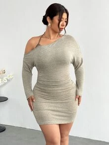 Firerie One-Shoulder Halter-Neck Mini Dress Featuring A Waist-Cinching Tie, Ruching, Form-Fitting Silhouette; Crafted From Comfortable, Two-Tone Olive Green - Apricot - View 7