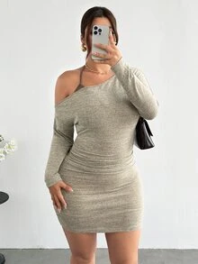 Firerie One-Shoulder Halter-Neck Mini Dress Featuring A Waist-Cinching Tie, Ruching, Form-Fitting Silhouette; Crafted From Comfortable, Two-Tone Olive Green - Apricot - View 8