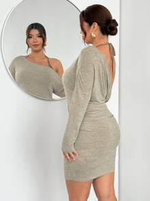 Firerie One-Shoulder Halter-Neck Mini Dress Featuring A Waist-Cinching Tie, Ruching, Form-Fitting Silhouette; Crafted From Comfortable, Two-Tone Olive Green - Apricot - View 3