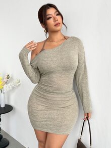 Firerie One-Shoulder Halter-Neck Mini Dress Featuring A Waist-Cinching Tie, Ruching, Form-Fitting Silhouette; Crafted From Comfortable, Two-Tone Olive Green - Apricot - View 4