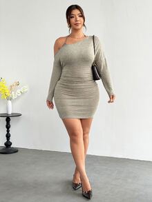 Firerie One-Shoulder Halter-Neck Mini Dress Featuring A Waist-Cinching Tie, Ruching, Form-Fitting Silhouette; Crafted From Comfortable, Two-Tone Olive Green - Apricot - View 6