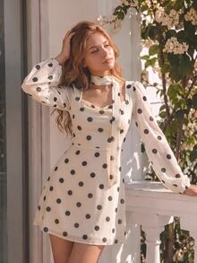 SHEIN MOD Women's Elegant Commute Polka Dot Print Ribbon Mini Dress - Apricot - View 2