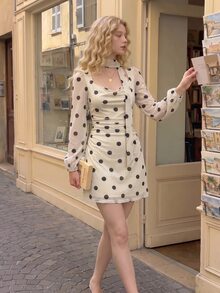 SHEIN MOD Women's Elegant Commute Polka Dot Print Ribbon Mini Dress - Apricot - View 3
