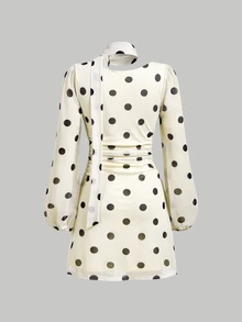 SHEIN MOD Women's Elegant Commute Polka Dot Print Ribbon Mini Dress - Apricot - View 5