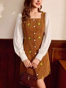 Vintamour Vintage klassisches elegantes figurbetontes besticktes Damenkleid, Herbst/Winter Langarmkleid, Retro Preppy Stil Kleid, 2 in 1 gemischtes Material Patchwork Kleid, Kaffeebraun Kleid, Knopfkleid - Kaffeebraun - Übersicht 5
