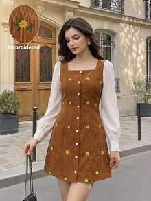 Vintamour Vintage klassisches elegantes figurbetontes besticktes Damenkleid, Herbst/Winter Langarmkleid, Retro Preppy Stil Kleid, 2 in 1 gemischtes Material Patchwork Kleid, Kaffeebraun Kleid, Knopfkleid - Kaffeebraun - Übersicht 4