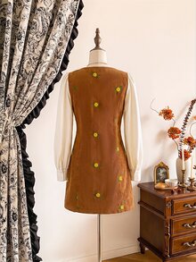Vintamour Vintage klassisches elegantes figurbetontes besticktes Damenkleid, Herbst/Winter Langarmkleid, Retro Preppy Stil Kleid, 2 in 1 gemischtes Material Patchwork Kleid, Kaffeebraun Kleid, Knopfkleid - Kaffeebraun - Übersicht 3