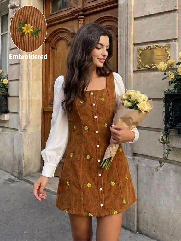 Vintamour Vintage Classic Elegant Women's Fitted Embroidered Dress, Autumn/Winter Long Sleeve Dress, Retro Preppy Style Dress, 2 In 1 Mixed Material Patchwork Dress, Coffee Brown Dress, Button Dress