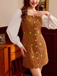Vintamour Vintage klassisches elegantes figurbetontes besticktes Damenkleid, Herbst/Winter Langarmkleid, Retro Preppy Stil Kleid, 2 in 1 gemischtes Material Patchwork Kleid, Kaffeebraun Kleid, Knopfkleid - Kaffeebraun - Übersicht 7
