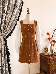Vintamour Vintage klassisches elegantes figurbetontes besticktes Damenkleid, Herbst/Winter Langarmkleid, Retro Preppy Stil Kleid, 2 in 1 gemischtes Material Patchwork Kleid, Kaffeebraun Kleid, Knopfkleid - Kaffeebraun - Übersicht 8