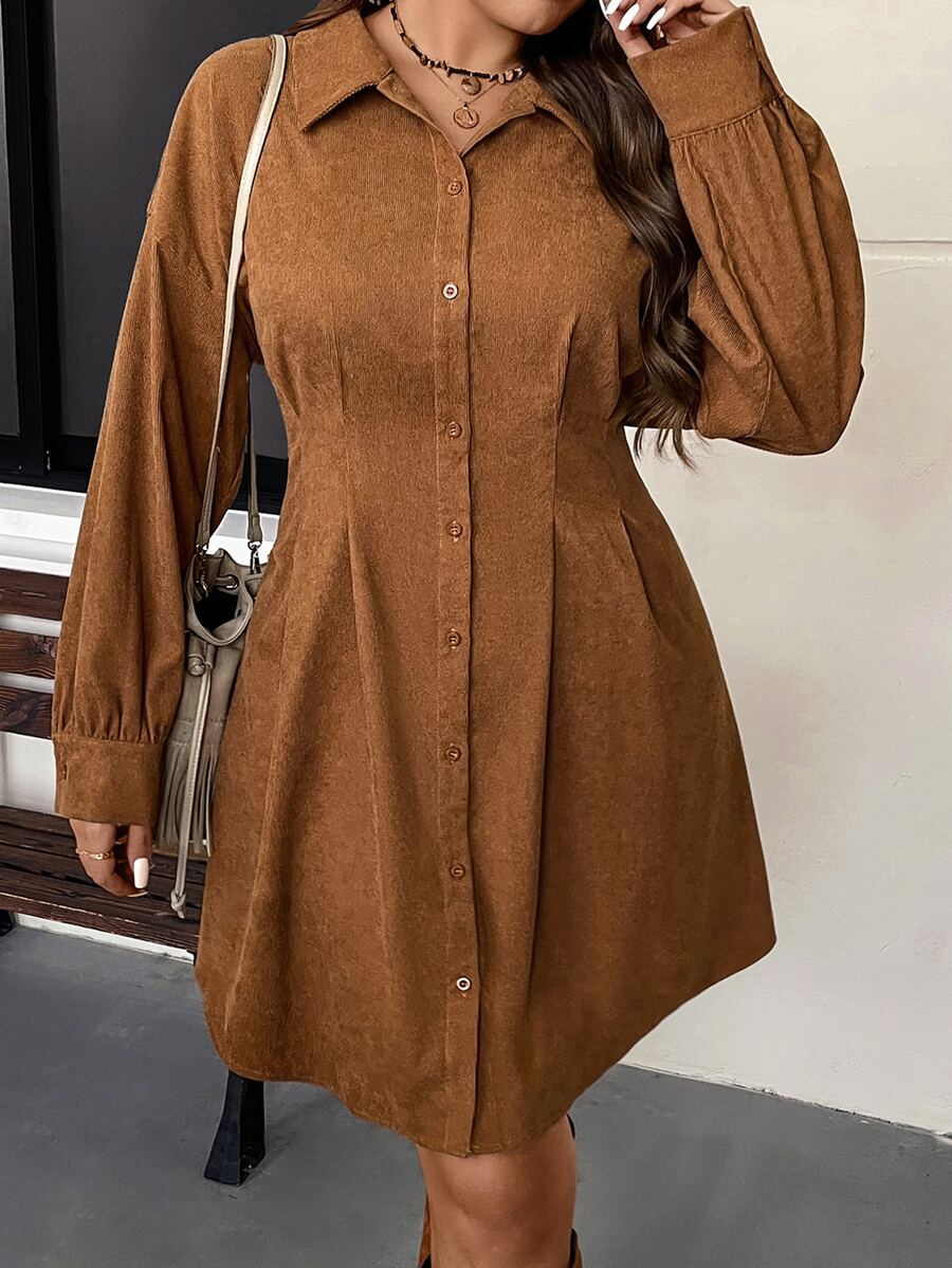 SHEIN VCAY فستان قميص من الكوردروي للنساء مقاس كبير بأزرار أمامية وأكمام طويلة وياقة فستان قصير للخريف