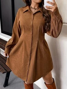 SHEIN VCAY فستان قميص من الكوردروي للنساء مقاس كبير بأزرار أمامية وأكمام طويلة وياقة فستان قصير للخريف - بني - مشاهدة 6