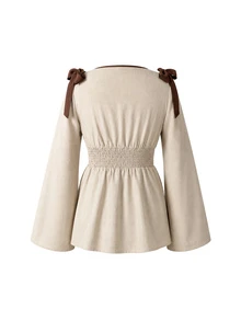 Momance Maternity Light Khaki Versatile Tie Cuff Ruffle Hem Long Sleeve Blouse Fall - Khaki - View 2