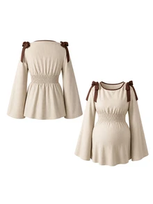 Momance Maternity Light Khaki Versatile Tie Cuff Ruffle Hem Long Sleeve Blouse Fall - Khaki - View 3