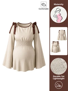 Momance Maternity Light Khaki Versatile Tie Cuff Ruffle Hem Long Sleeve Blouse Fall - Khaki - View 8