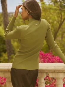 Aralina Ribbed Mock Neck Keyhole Button Front Slim Fit Stretch Knit Long Sleeve Women Office Brunch Outfits Sweater Olive Green Autumn Casual Elegant - Green - View 2