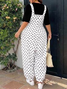 GalTyme Plus Size Autumn/Winter Polka Dot Print Elastic Waist Pocket Loose Overalls Fall - Black and White - View 2