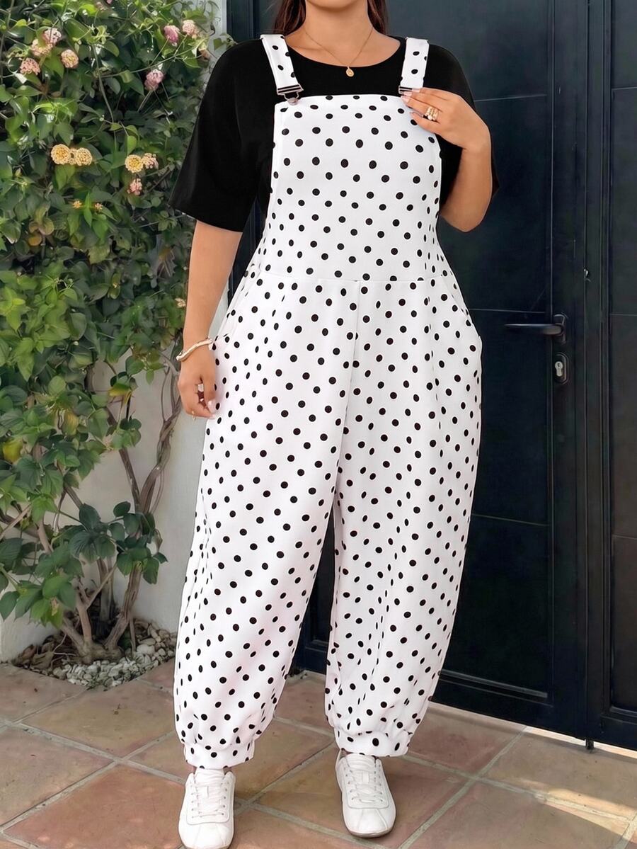 GalTyme Plus Size Autumn/Winter Polka Dot Print Elastic Waist Pocket Loose Overalls Fall - Black and White - View 1