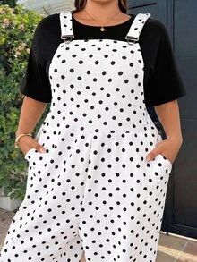 GalTyme Plus Size Autumn/Winter Polka Dot Print Elastic Waist Pocket Loose Overalls Fall - Black and White - View 3