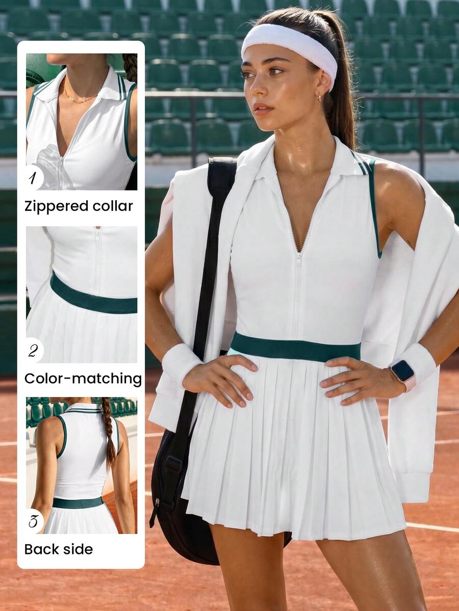 CourtClass CourtClass Retro Color-Block Polo Neck Zip-Up Sports Dress With Shorts – Stylish Tennis Skirt Athletic Dress - White - View 1