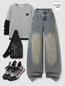 SHEIN 青少年男款復古直筒牛仔褲，夏季新款百搭休閒街頭風復古水洗懷舊丹寧色，寬鬆直筒版型，適合搭配T恤，日常出遊、校園、畢業派對、通勤、度假海邊週末休閒穿搭 - 中等水洗藍 - 查看 1