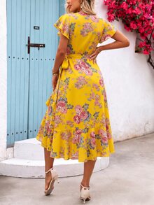 SHEIN Holidaya Women's Floral Printed Wrap Style Midi Dress Maxi Women Outfit - Yellow - View 2