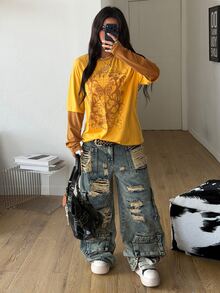 Coolane 男女款秋季街頭風休閒嬉皮學院風搖滾龐克圖案哥德風黃色寬鬆舒適棉質2合1長袖T恤 - 黃色 - 查看 6