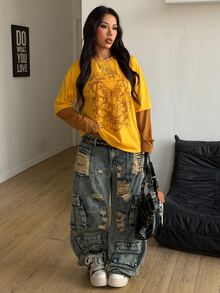 Coolane 男女款秋季街頭風休閒嬉皮學院風搖滾龐克圖案哥德風黃色寬鬆舒適棉質2合1長袖T恤 - 黃色 - 查看 2