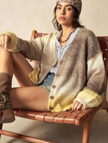 Bohemela 復古漸層深V領針織開襟衫 - 香檳色 - 查看 5
