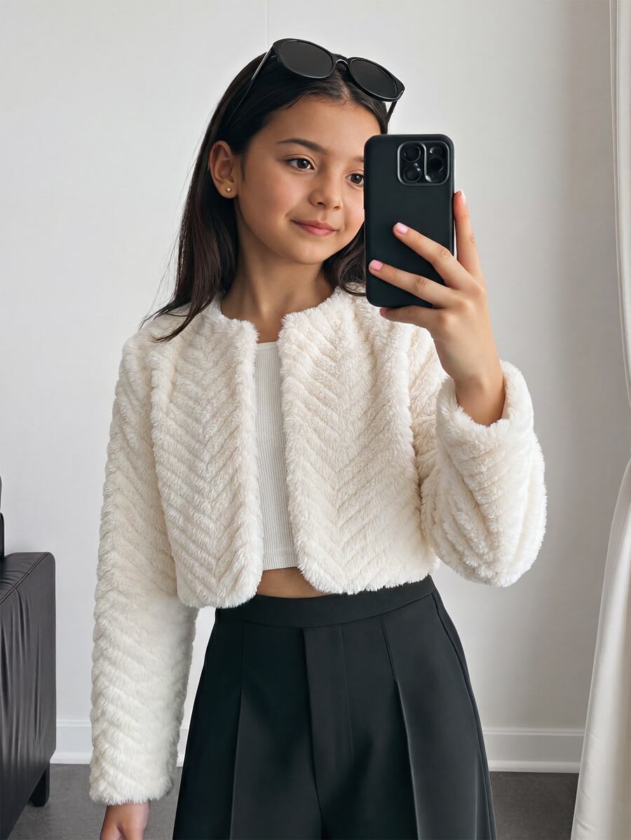 SHEIN Tween Girl Autumn/Winter Minimalist Faux Fur Coat, Suitable For Party, Streetwear , Fall/Winter - White - View 1
