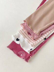 SHEIN Playful Pals 5件組女嬰可愛粉色秋季羅紋針織上衣與長褲套裝，愛心與蝴蝶結條紋圖案 - 彩色 - 查看 4
