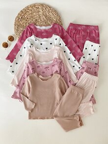 SHEIN Playful Pals 5件組女嬰可愛粉色秋季羅紋針織上衣與長褲套裝，愛心與蝴蝶結條紋圖案 - 彩色 - 查看 9