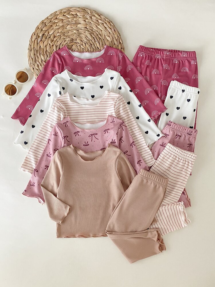 SHEIN Playful Pals 5 Pieces Baby Girls Cute Pink Autumn Ribbed Knit Tops And Pants Set, Heart & Bow Stripe Graphic - Multicolor - View 9