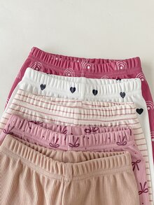 SHEIN Playful Pals 5件組女嬰可愛粉色秋季羅紋針織上衣與長褲套裝，愛心與蝴蝶結條紋圖案 - 彩色 - 查看 5