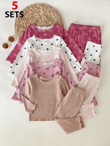 SHEIN Playful Pals 5件組女嬰可愛粉色秋季羅紋針織上衣與長褲套裝，愛心與蝴蝶結條紋圖案 - 彩色 - 查看 6