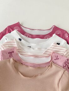 SHEIN Playful Pals 5件組女嬰可愛粉色秋季羅紋針織上衣與長褲套裝，愛心與蝴蝶結條紋圖案 - 彩色 - 查看 3