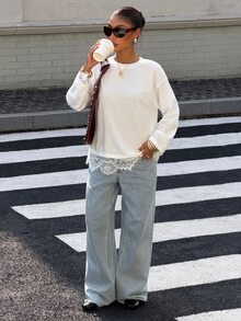 Muchica 白色蕾絲拼接針織長袖上衣 優雅法式休閒 秋季度假襯衫 外出日常約會早午餐通勤基礎女款T恤 - 白色 - 查看 4