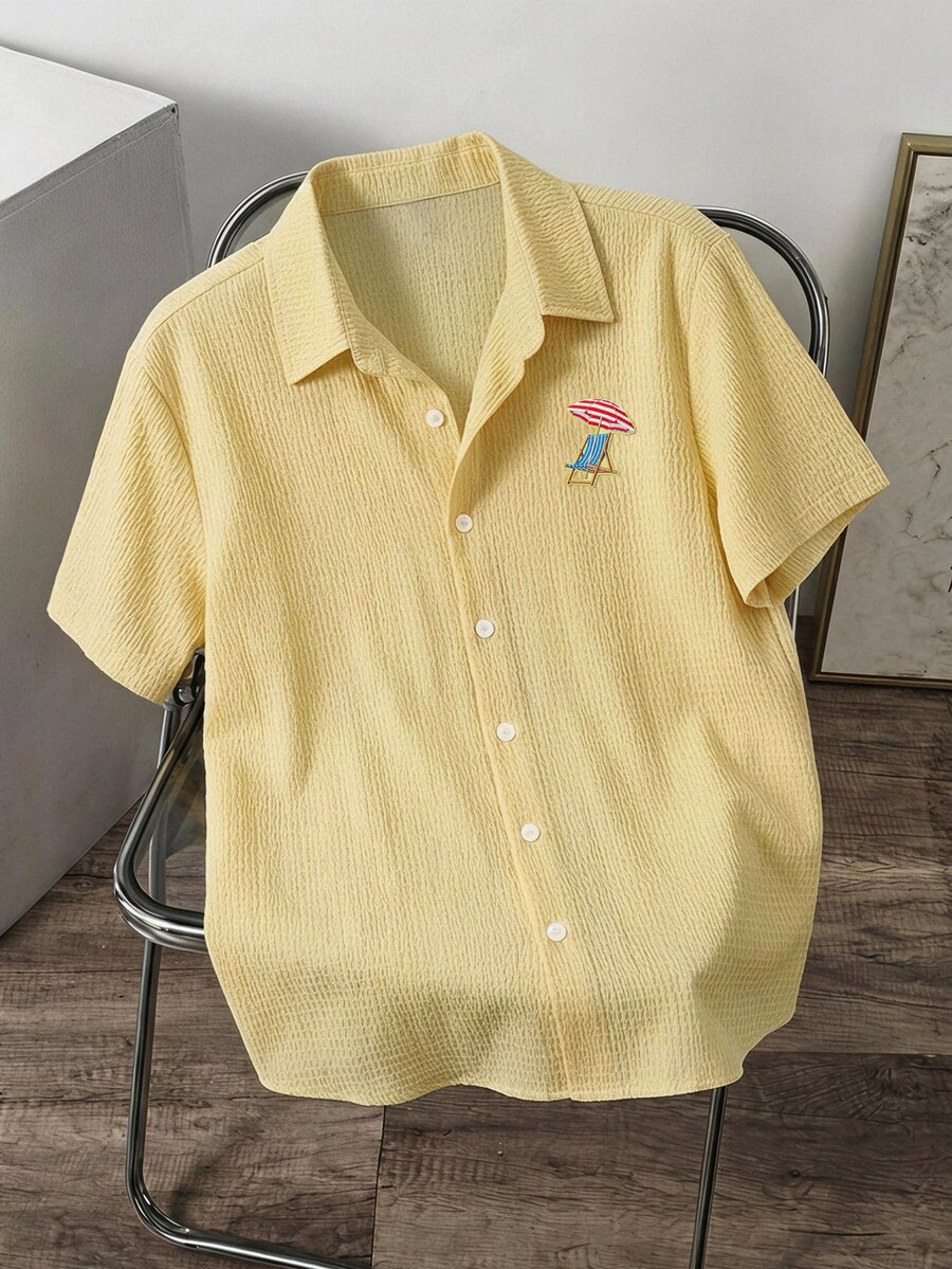 Manfinity Hypemode 男士黃色紋理布料修身襯衫,度假刺繡貼布裝飾襯衫,清新夏季,送給男友的完美貼心禮物 - 黃色 - 查看 1