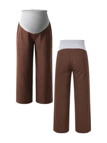 Momance Maternity Versatile Adjustable Waistband Pocket Denim Jeans Formal Party Brown Winter Casual Baggy - Brown - View 3