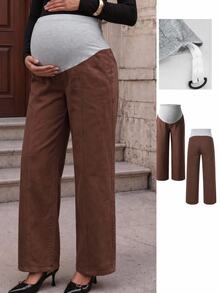 Momance Maternity Versatile Adjustable Waistband Pocket Denim Jeans Formal Party Brown Winter Casual Baggy - Brown - View 9