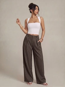 SHEIN PETITE 女款極簡現代海軍藍條紋西裝長褲，高腰寬腿長褲，藍色長褲，條紋長褲，大尺寸寬腿長褲，休閒長褲，商務長褲，適合休閒外出、商務、辦公室、通勤、正式場合，條紋長褲，海軍藍長褲，寬腿長褲，女款百褶長褲 - 棕色 - 查看 2