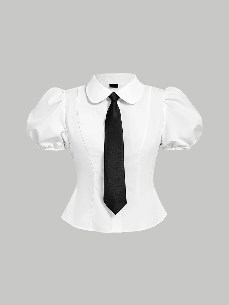 SHEIN MOD 大码女式白色领结泡泡袖修身衬衫。白色泡泡袖衬衫，黑色领结，柔软舒适，浪漫，春夏女装，浪漫优雅的度假派对中长连衣裙，夏季假日装，典礼，海滩度假装，女士度假装，外出上衣，毕业典礼，可爱工作上衣，领结衬衫，女士职业装，工作衬衫，暗黑学院风服装